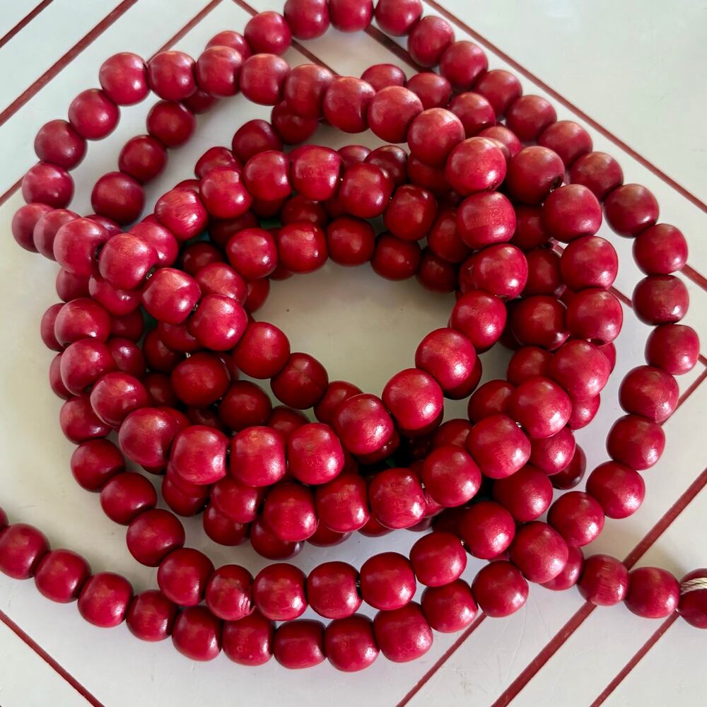 Vintage Red Wooden Bead Garland 9 Ft Rustic Farmhouse Holiday Decor